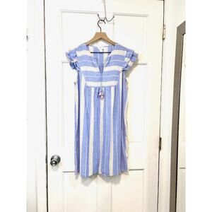 LOFT Lounge Linen Dress Sz M Blue Beachy Boho Stripe Flutter Sleeve Sundress